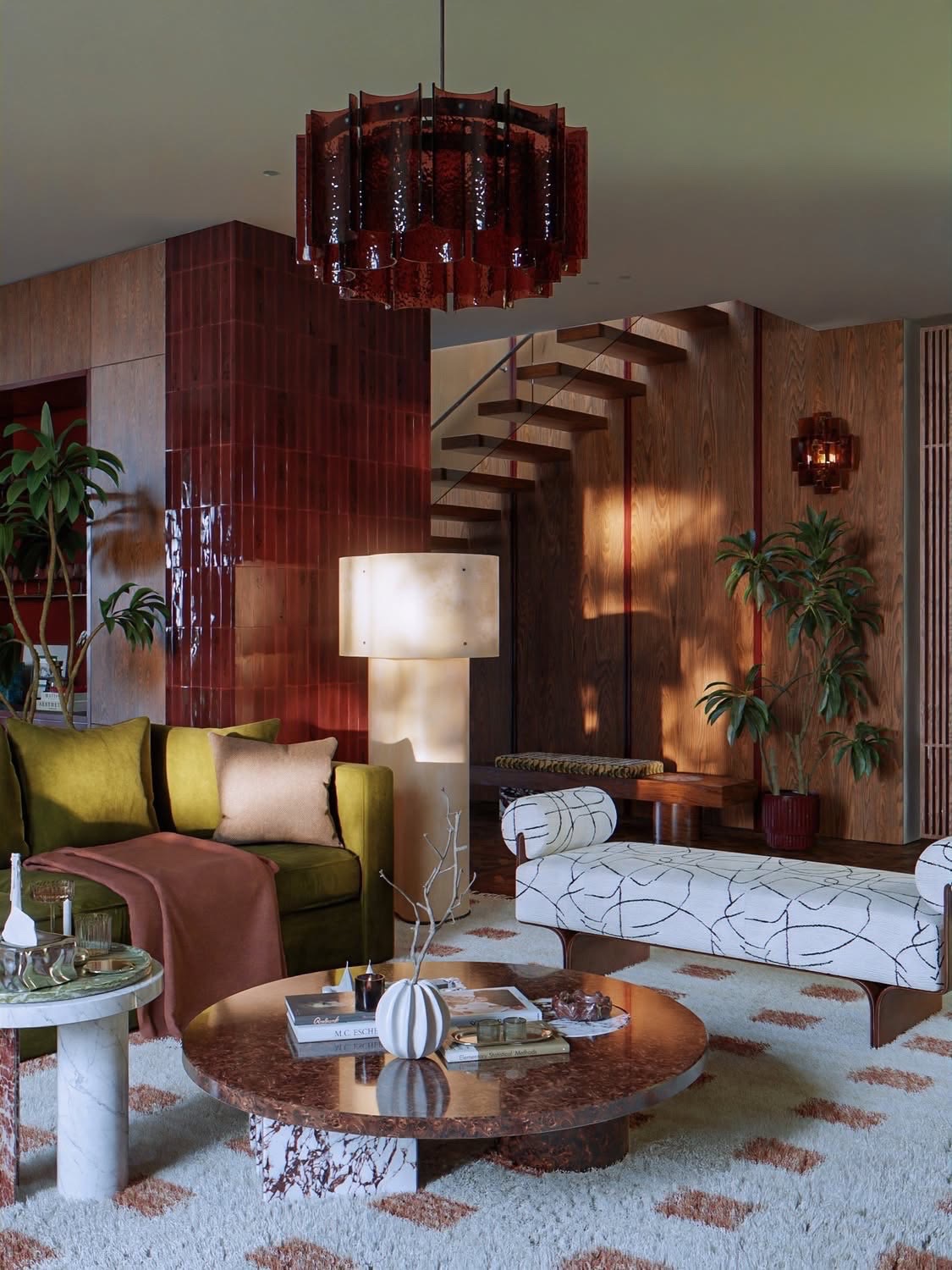Luxe interieur met warme houttinten, bordeauxrode accenten en zachte materialen